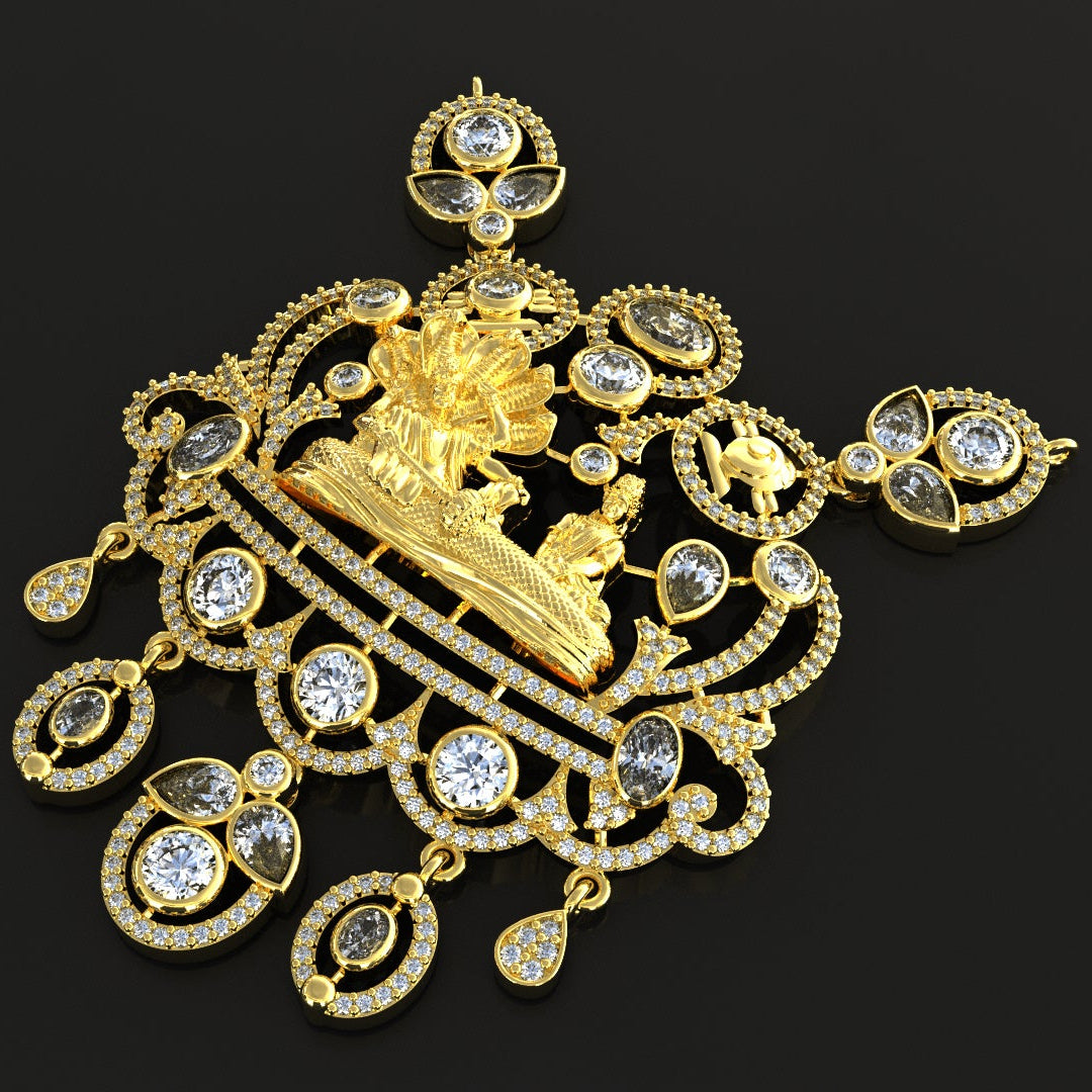 Gold pendant with intricate design and embedded stones on a black background