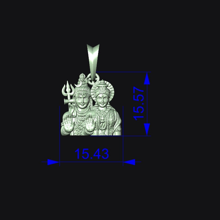 Silver pendant with religious figure measurement details on a black background