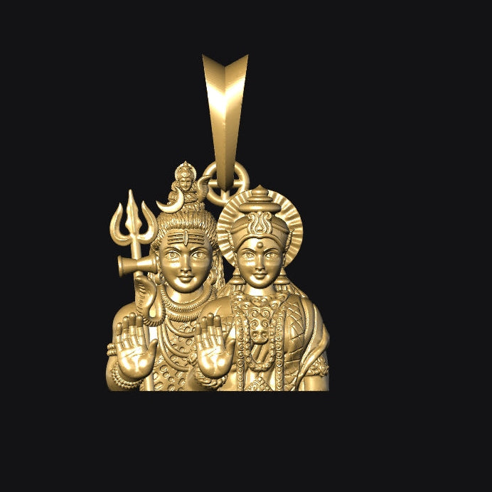 Gold pendant with religious figures on a black background